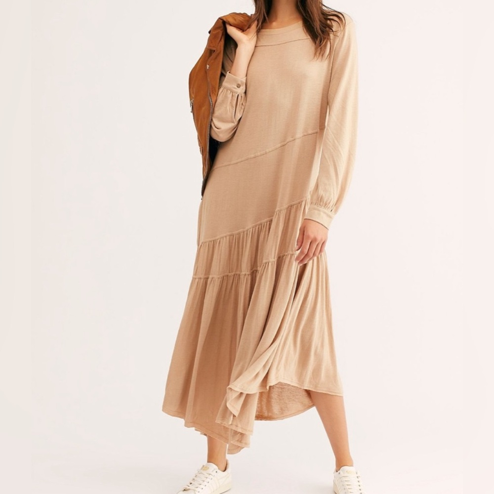 Free People Beach Linen Drop Waist Long Sleeve Tan BohoTiered Jilly Dress